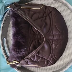 Coach 3586 Dark Brown Rabbit Fur Trim Quilted Small Bag